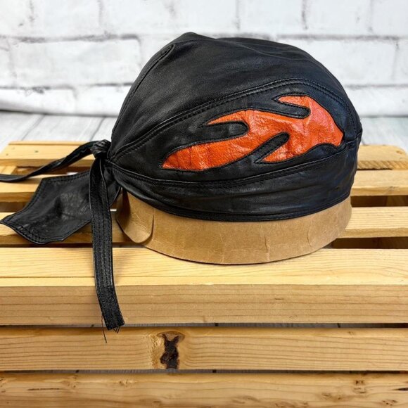 Black Leather Biker Skull Cap / Head Wrap with Orange Flames - Picture 1 of 6